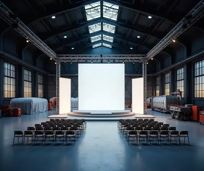 Allestimenti per eventi aziendali: struttura autoportante con palco e fondale montata all'interno di un capannone industriale
