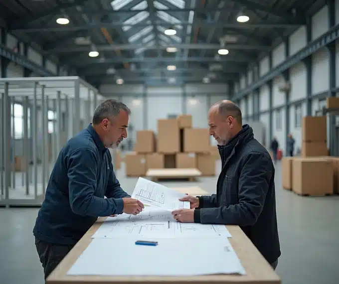 Confronto tra progettista e cliente sui disegni tecnici per definire il costo di uno stand fieristico in un padiglione italiano