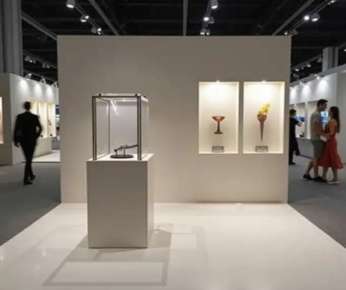 Espositori fieristici all'interno di uno stand su misura: totem, teca in plexiglass e scaffalature illuminate