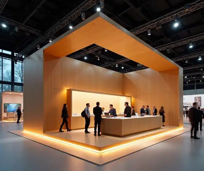 Stand fieristico di design con struttura in legno e metallo a vista e illuminazione architetturale in un padiglione italiano