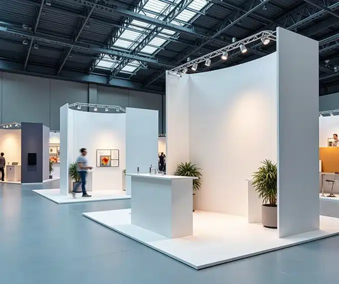 Stand portatili con roll-up e banco pieghevole accanto a stand costruiti pi&ugrave; alti in un padiglione fieristico italiano