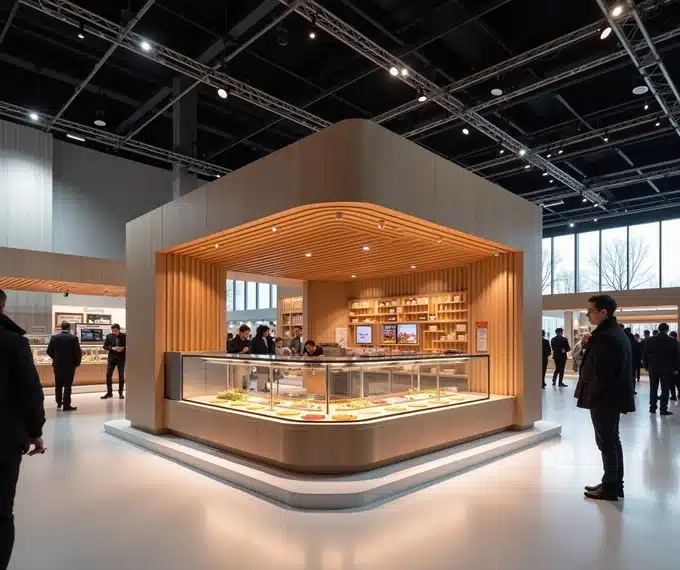 Stand Sigep con banco refrigerato per degustazione e area riservata alla trattativa in un padiglione della Fiera di Rimini