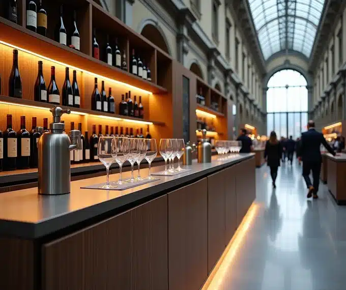 Banco degustazione di uno stand Vinitaly su misura con bottiglie illuminate e area riservata ai buyer